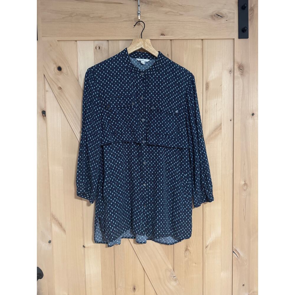 L.L. Bean Signature | Blue Geometric Pattern Button Down Tunic Blouse  | Size 12